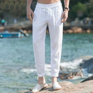 Calças masculinas 2023 primavera puro linho homens casual tornozelo comprimento sólido branco reto respirável moda confortável calças masculinas