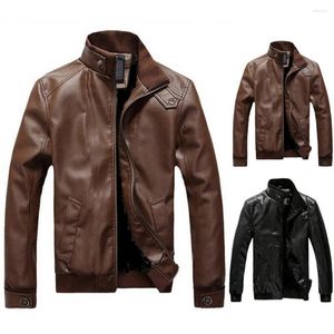 Mäns jackor Autumn Men Motorcykeljacka Solid Color Stand Collar Slim Fit Faux Leather Windproof Coat For Daily Wear Black Chaqueta