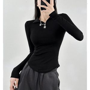 Женские футболки, женская футболка-поло, офисная женская однотонная тонкая пуловер с длинными рукавами, весна-осень 2023, повседневная хлопковая одежда
