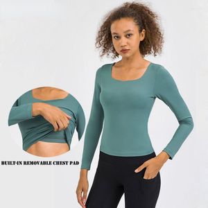 Active Shirts Square Neck Long Sleeve Fitted Workout Tops With Built In Bra Yoga T-shirt Sport Women Fitness Buttery Soft Gym Wear