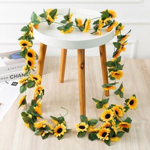 Flores decorativas 2.6m girassol amarelo videira pendurado guirlanda artificial folhas de seda falsa para festa de casamento decoração de casa