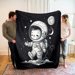 Blankets Cute Cartoon Child Astronaut Blanket for Bedroom Bedspread Outer Space Plush Warm Throw Flannel Black Coverlet Kids Gift 230923