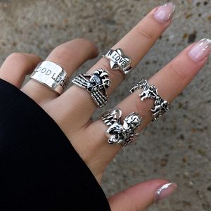 S3805 Moda Takı Retro Hip-Hop Punk Knuckle Ring Seti abartılı Aşk Mektubu Demon Cupid Angel Rings 5pcs/Set