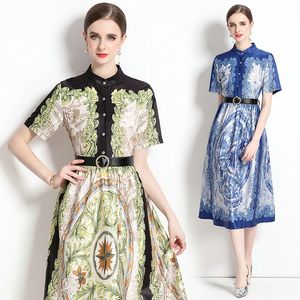 Boutique Women Printed Dress Summer Mid Dress Short Sleeve Dresses High-end Elegant Lady Dresses OL Dresses Runway Dress