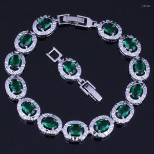 Bangle Luxurious Oval Green Cubic Zirconia Silver Plated Link Chain Bracelet 18cm 20cm V0225