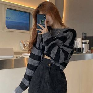 Женские свитера, модный укороченный свитер, сексуальные топы, женский черно-белый полосатый пуловер, вязаный свитер, женский корейский джемпер Y2K, оптовая продажа, гот 230922
