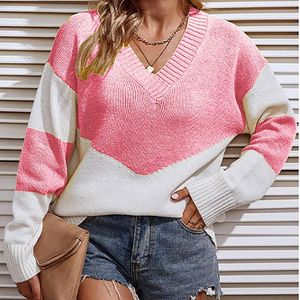 Women's Sweaters Womens Casual Comfortable V Neck Color Block Pullover Sweater For Autumn And Winter Knitted Women