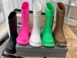 Hochwertige Damen-Regenstiefel, Designer-Schuhe, dicker Boden, rutschfeste Stiefeletten, Gummi-Plattform-Bootie, modischer Ritterstiefel in Gelee-Farbe mit Box