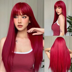 Cosplay perukları hafif şarap kırmızı sentetik peruklar kadınlar için patlamalar uzun düz saç peruk doğal cosplay parti ısıya dayanıklı 230922