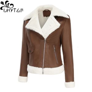 Damen Leder Faux UHYTGF Jacke Frau Mode Plüsch Revers Reißverschluss Mantel Weibliche Casual Warme Herbst Winter PU Damen Outwear422 230923