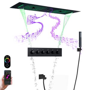 Grande painel de chuveiro de chuva de 90x30cm 5 funções Matte Black Shower Bather Termostático Torneira Led Música LED Music Head Head