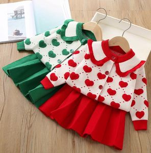 Autumn Winter Cute Baby Girls Sticked Clothing Set Kids Long Sleeve Sticked Cardigan+kjolar 2st Set Children Outfits Girl Suit