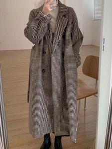 Damen-Trenchcoat aus Wollmischungen für Damen, Tweed-Wollmantel, koreanische Mode, Herbst, Damen-Winterkleidung, karierte lange Jacke, Eleganz, Bürodame 230922
