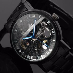 2021 New Black Men 's Skeleton Wristwatch 스테인리스 스틸 골동품 증기 펑크 캐주얼 자동 골격 기계 시계 남성 2772