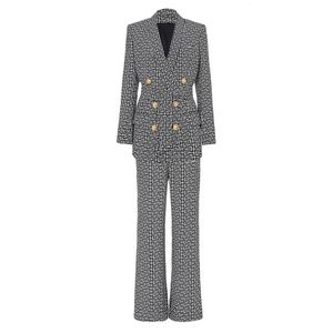 BS055 Retro Avrupa Tasarım Vintage Geometrik Desen 2pcs Blazer Suit Zarif Düz Kadınlar İki Parça Pantolon Günlük Setler