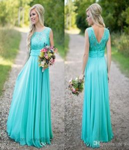 2019 New Teal Country Bridesmaid Dresses Scoop A Line Chiffon Lace V Backless Long Cheap Bridesmaids Dresses for Wedding BA15138305397