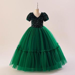 Vestidos de menina meninas com decote em v formal longo lantejoulas dama de honra crianças vestido adolescente crianças princesa mangas curtas casamento vestido de ano de natal