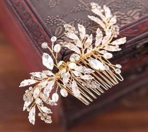 noiva vintage Gold Gold Leaf Crystal Hair Hair Comb Bridal Wedding Pins女性パーティージュエリーの豪華なヘアアクセサリー16784674