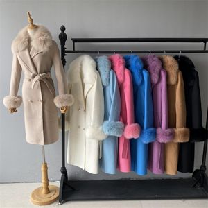 Женское полушерстяное пальто Jaxmonoy, роскошное пальто из натурального меха с воротником и манжетами, женское зимнее модное теплое однотонное длинное пальто с длинными рукавами 230922