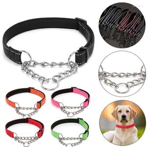 Coleiras para cães coleira de aço inoxidável gargantilha ajustável corrente reflexiva tecido de nylon pet para pequeno médio grande