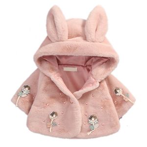 ジャケット冬生まれた赤ちゃんの女の子のアウター韓国のかわいい厚い暖かい幼児フェイクファークロークコートプリンセスショールキッズジャケットラビット耳230923