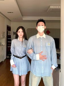 Men's Tracksuits 6088#Couples Wear Matching Color Shirt Design Sense Blue And White Pleated Skirt Fashion Suit Autumn