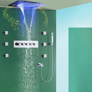 Soffione doccia a LED color cromo 580x380mm con sistema musicale Set di rubinetti per doccia a pioggia a cascata con controllo termostatico