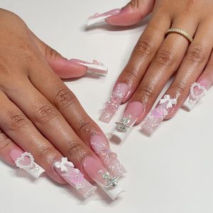 Unhas Falsas 24 pcs Strass Francês Unhas Artificiais com Cola Cobertura Completa Caixão Falso Destacável Prego Falso Bling Press em Xlong 230922