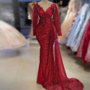 red Arabic Charming Red Evening Dresses Mermaid sequined Long Sleeves Sexy V Neck Formal Party Celebrity Gowns Robe De Soiree