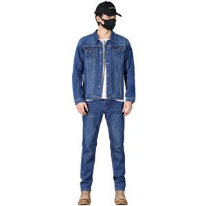 Business Casual Men's Jeans Set Dark Blue Slim Fit Stretch Jacket and Pants Two Piece Daily Wear Classic Simple Male Denim Suits