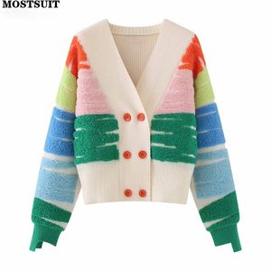 Mulheres Malhas Tees Rainbow Striped Knit Sweater Cardigan Mulheres Double-breasted V-Neck Jacket Casaco Outono Inverno Manga Longa Solta Elegante Tops 230922