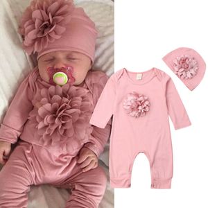 Macacão 2 pcs nascido outono bebê menina roupas floral algodão macacão geral chapéu terno 0-18 meses 230923