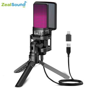 Микрофоны Zealsound RGB USB игровой конденсаторный микрофон для ПК PS4 PS5 Mac с поп-фильтром и микрофоном с выходом на наушники для портативного компьютера 230922