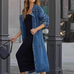 Mulheres Trench Coats Jean Jaqueta Vintage Casaco Longo Solto Fit Double Breasted Denim Roupas de Moda Coreana