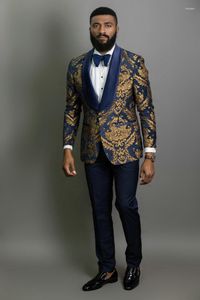 Mäns kostymer Navy Blue Floral Jacquard Slim Fit Mens Shawl Lapel Wedding Groom Tuxedo 2 Pieces Jacket Pants Terno Masculino