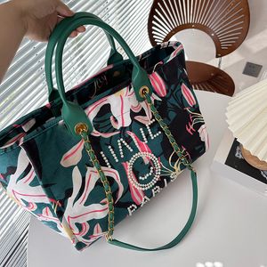 Bolsa de praia feminina elegante 38 cm delicada estampa floral grande capacidade bolsa de compras bolsa de ombro clássica fivela de pérola bolsa de luxo bolsa de duas peças saco de compras