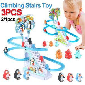 ElectricRC Animals Kids Electric Climbing Stairs Toy DIY Small Dinosaur Rail Racing Track Music Roller er Duck For Baby Gift 230922