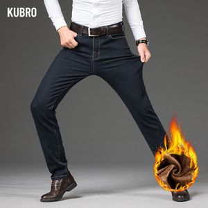 Mens Jeans Kubro Autumn Winter Fleece Warmth Men Cotton Stretch Business Casual Blue Black Straight Trousers Male Plus Size 28 230922