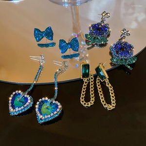 Baumelnde Ohrringe U-Magical Ungewöhnliche blaue Schleife, Liebes-Herz-Ohrring für Frauen, Blume, lange Kette, Strass-Schmuckzubehör