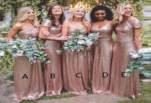 2019 Country Rose Gold Sequins Bridesmaids Dresses Mixed Styles A Line Backless Floor Length Maid of Honor Gowns Garden Weddings b2003341