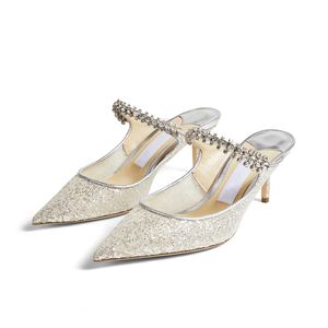 Mode kvinnliga sandaler pumpar bing 65 mm mulor i glittrande tyll Italien delikat kristall ankel rem pekad tå slingback designer London Sandal High Heels Box EU 35-43