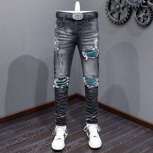 Men's Jeans High Street Fashion Men Retro Black Gray Stretch Skinny Fit Ripped Green Patched Designer Hip Hop Brand Pants