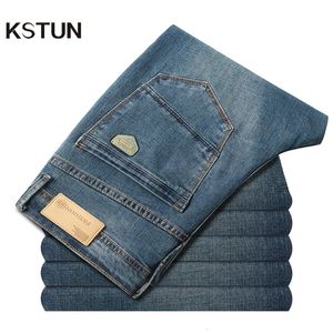 Mens jeans kstun corte reto para homens negócios casual masculino denim calças de comprimento total clássico hombre marca de alta qualidade 230923