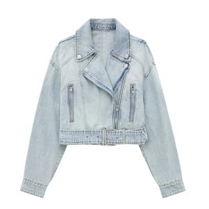 Fashion Denim Jackets for Women 2023 Turn-down Collar Long Sleeve Jacket Coat with Belt Female Chic Casual Outerwear New In