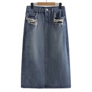 Kjolar plus size kjol kvinnor vår mode hög midja hål a-line retro rygg split denim mitten av längden bottnar kurva kläder 230923