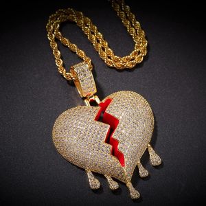 Iced Out Broken Heart Pendant Necklace Mens Womens Fashion Hip Hop Jewelry Gold Silver Water Drop Heartbreak Necklaces282F