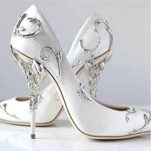 Silverblad bröllopsklänning brudpumpar för kvinnor tunna höga klackar vita satin dampumpar glider på solid singel