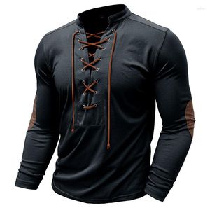 Men's T Shirts Lace-up T-shirts Slim Fit Button V-neck Long Sleeve Tshirt Muscle Solid Casual Tops Henley-shirt Retro Basic Tee