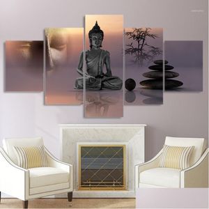 Pinturas modernas hd impressas fotos pintura de lona 5 painel zen buda estátua arte de parede decoração de casa quadro poster para viver ot3je