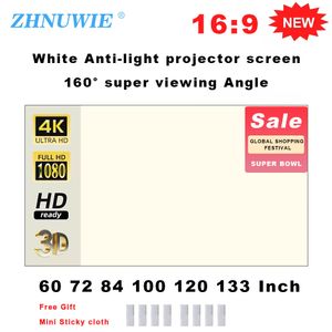 Проекционные экраны ZHNUWIE Экран проектора с белой сеткой, противосветовой 16 9, проекционный экран для дома 72, 84, 100, 120, 133 дюйма, портативная светоотражающая ткань 230923